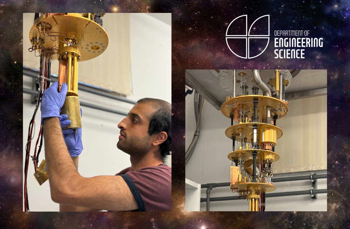PhD student Vivek Wadhia sets up the dilution fridge inside which the quantum clock experiment was carried out. 